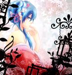  alternate_hairstyle back bare_back blue_eyes blue_hair flower hair_flower hair_ornament hand_to_own_mouth hatsune_miku hiromi_(pico_milk) japanese_clothes kimono long_hair profile solo vocaloid yubikiri_(vocaloid) 