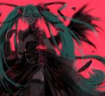  absurdres aqua_eyes aqua_hair black_wings blush dress elbow_gloves evollis feathers fishnets flower glitter gloves hand_on_own_chest hatsune_miku highres jewelry lace lace-trimmed_thighhighs lips long_hair necklace no_nose simple_background single_wing solo tears thighhighs twintails very_long_hair vocaloid wings 