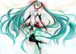  anklet aqua_hair barefoot belt bridal_gauntlets closed_eyes elbow_gloves fingerless_gloves floating gloves hatsune_miku hatsune_miku_(append) jewelry legs long_hair musclecar navel necktie solo thighhighs toeless_legwear twintails very_long_hair vocaloid vocaloid_append zettai_ryouiki 