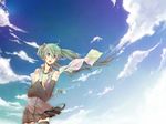 cloud day detached_sleeves flying_paper green_eyes green_hair hatsune_miku ichinashi long_hair open_mouth paper skirt sky solo thighhighs twintails vocaloid wind 