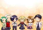  3girls aegis_(persona) android aqua_hair blonde_hair blue_eyes blue_hair bow brown_eyes brown_hair chibi everyone hair_over_one_eye hat headphones iori_junpei multiple_boys multiple_girls persona persona_3 ribbon sanada_akihiko school_uniform segami_daisuke skirt smile takeba_yukari white_hair yamagishi_fuuka yuuki_makoto 