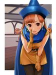  alena_(dq4) cape curly_hair dragon_quest dragon_quest_iv dress earrings gloves hat highres jewelry leaning_forward long_hair orange_hair pantyhose poster_(object) red_eyes shigureteki slime_(dragon_quest) solo wanted 