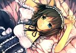  animal_ears bad_id bad_pixiv_id brown_hair cat_ears frills hairband heterochromia highres lying original solo to_aru_awl 