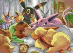  alarm_clock bed brown_hair clock closed_eyes eevee espeon flareon forked_tail gears gen_1_pokemon gen_2_pokemon gen_4_pokemon glaceon hat jolteon leafeon nightcap photo_(object) pokemon pokemon_(creature) sen_pic sleeping sonezaki_masaki tail umbreon vaporeon 