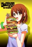  :d bad_id bad_pixiv_id brown_hair casual food hamburger hirasawa_yui holding holding_food k-on! kaen_(k-artworks) listen!! looking_at_viewer megamac open_mouth short_hair simple_background smile solo yellow_background yellow_eyes 