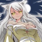  :3 animal_ears bakemonogatari bare_shoulders black_hanekawa breasts cat_ears cleavage closed_mouth full_moon glowing glowing_eyes hanekawa_tsubasa highres large_breasts long_hair looking_down monogatari_(series) moon naz nekomonogatari pajamas slit_pupils solo v-shaped_eyebrows white_hair yellow_eyes 