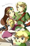  2boys belt black_eyes blonde_hair blue_eyes brown_hair earrings gloves hat jewelry link long_hair multiple_boys muse_(rainforest) pointy_ears princess_zelda smile super_smash_bros. sword the_legend_of_zelda the_legend_of_zelda:_twilight_princess tiara toon_link weapon 