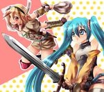  bag blue_eyes blue_hair detached_sleeves hatsune_miku kagamine_rin knife long_hair multiple_girls nagare short_hair sword twintails very_long_hair vocaloid weapon 