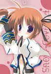  artist_request blush brooch brown_hair embarrassed fingerless_gloves flat_chest gloves hair_ribbon hairdressing jacket jewelry long_sleeves lyrical_nanoha magic_circle magical_girl mahou_shoujo_lyrical_nanoha mahou_shoujo_lyrical_nanoha_a's mouth_hold no_bra open_clothes purple_eyes ribbon short_twintails solo takamachi_nanoha twintails 