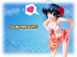  ahoge bikini black_hair blue_background breasts brown_eyes cleavage copyright_request ef flower hair_flower hair_ornament heart leaning_forward miyamura_miyako nanao_naru print_sarong sarong solo spoken_heart swimsuit third-party_edit wallpaper white_bikini 