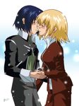  1girl artist_request athrun_zala blonde_hair blue_hair blush cagalli_yula_athha collar couple cowboy_shot gundam gundam_seed gundam_seed_destiny hetero holding_hands imminent_kiss long_sleeves pants short_hair signature snowing standing uniform 