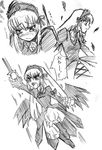  artist_request black_wings blush character_sheet feathers flower graphite_(medium) greyscale jumping long_hair long_sleeves looking_down monochrome motion_lines profile rose rozen_maiden sad suigintou sword tears traditional_media translation_request very_long_hair weapon wings 