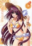  bikini blush bow breasts brown_eyes cleavage food food_themed_clothes frilled_bikini frills fruit hat lisianthus long_hair medium_breasts navel_(company) nishimata_aoi official_art orange orange_(color) orange_slice pointy_ears purple_hair shuffle! solo straw_hat sun_hat swimsuit very_long_hair 