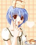  :d artist_request bisuke-tan blouse blue_hair food food_on_finger food_on_head honey kfc looking_at_viewer object_on_head open_mouth orange_eyes pancake plaid plaid_background plate short_sleeves simple_background smile solo upper_body 