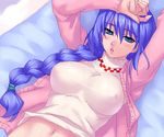  bed blue_hair braid breasts hair_over_shoulder kanon large_breasts long_sleeves mature minase_akiko oekaki single_braid solo zen 