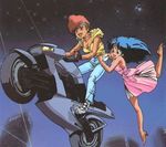  80s dark_skin denim dirty_pair dress ground_vehicle jeans kei_(dirty_pair) motor_vehicle motorcycle multiple_girls oldschool pants wheelie yuri_(dirty_pair) 