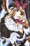  bangs blonde_hair bow broom eyebrows eyebrows_visible_through_hair hair_bow hat highres kirisame_marisa long_sleeves pupu smile socks solo star touhou witch witch_hat yellow_eyes 