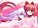  blush bou breasts choker covering covering_breasts flat_chest highres kagami_sumika large_breasts lavender_hair long_hair multiple_girls muvluv muvluv_alternative nipples nude open_mouth purple_eyes purple_hair red_eyes red_hair small_breasts smile very_long_hair wallpaper yashiro_kasumi 