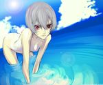  all_fours alternate_hair_color ayanami_rei bangs breasts casual_one-piece_swimsuit cloud day dutch_angle foreshortening hair_between_eyes highleg highleg_swimsuit lens_flare miwa_shirou neon_genesis_evangelion one-piece_swimsuit outdoors pale_skin red_eyes ripples short_hair silver_hair sky small_breasts solo sun swimsuit wading water watermark white_swimsuit 