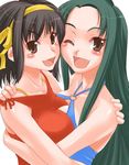  black_hair blush breast_press breasts brown_eyes fang green_hair hairband halterneck hand_on_another's_shoulder hug large_breasts long_hair looking_at_viewer multiple_girls o-ring one_eye_closed open_mouth shinama short_hair spaghetti_strap suzumiya_haruhi suzumiya_haruhi_no_yuuutsu symmetrical_docking tsuruya upper_body very_long_hair 