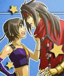 1girl artist_request bikini_top blue_background brown_eyes brown_hair clawed_gauntlets clothes_grab coat dark_skin dirge_of_cerberus_final_fantasy_vii final_fantasy final_fantasy_vii hand_on_hip headband looking_at_viewer navel open_mouth parted_lips red_coat short_hair simple_background star sweatdrop teeth upper_body vincent_valentine yuffie_kisaragi 
