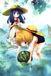  ;) anklet bandaid bandaid_on_knee barefoot bell black_school_swimsuit blonde_hair crab food fruit furude_rika hat highres higurashi_no_naku_koro_ni holding holding_food holding_fruit houjou_satoko jewelry jingle_bell knees_up multiple_girls one-piece_swimsuit one_eye_closed reflection scan school_swimsuit sitting smile straw_hat stream sun_hat suzuki_jirou swimsuit wading water watermelon 