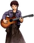  abe_yoshitoshi acoustic_guitar brown_eyes brown_hair dress guitar hair_ornament hairclip instrument iwakura_lain jewelry long_sleeves necklace official_art serial_experiments_lain short_hair solo 