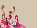  animal artist_request beige_background bird braid dress earrings flamenco green_eyes jewelry multiple_girls original pink_dress pink_feathers pink_hair simple_background single_braid sitting upper_body 
