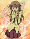  azusagawa_tsukino breasts brown_hair cleavage dressing green_eyes hair_ribbon long_hair mouth_hold necktie ribbon school_uniform screencap skirt small_breasts solo stitched third-party_edit undone_necktie yakitate!!_japan 