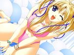  balloon bikini blonde_hair blue_eyes breasts cleavage dutch_angle game_cg hana_no_kioku hana_no_kioku_6 jewelry large_breasts necklace one_eye_closed skyhouse solo swimsuit twintails 