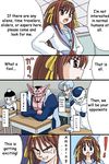  1girl 2boys annoyed arm_support bald blush_stickers brown_hair chaozu comic crossover dabura dragon_ball dragon_ball_z frieza gachon_jirou grin hair_ribbon hard_translated long_sleeves multiple_boys oekaki parody ribbon sitting smile standing surprised suzumiya_haruhi suzumiya_haruhi_no_yuuutsu translated trunks_(dragon_ball) white_skin yellow_ribbon 