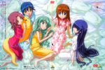  barefoot bed blue_eyes blue_hair brown_eyes brown_hair cover dvd_cover gotou_keiji green_hair kuroki_manatsu multiple_girls munakata_michiru pajamas pillow purple_hair scan sleepover tachibana_ichika takamura_keiko takigawa_satsuki utakata 