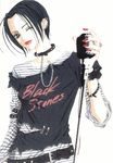  belt black_hair clothes_writing collar ear_piercing earrings jewelry lipstick long_sleeves makeup microphone microphone_stand nail_polish nana_(series) one_eye_closed osaki_nana piercing red_nails ring safety_pin shirt short_hair solo striped striped_shirt yazawa_ai 