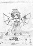  animal_ears artist_request beamed_sixteenth_notes closed_eyes eighth_note food graphite_(medium) greyscale grill hat humming long_sleeves monochrome musical_note mystia_lorelei short_hair sketch skewer smile solo source_request touhou traditional_media wings 