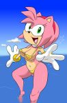 4_fingers amy_rose bikini bra bracelet breasts clothed clothing eulipotyphlan female gloves green_eyes hairband hedgehog jewelry mammal navel open_mouth open_smile panties partially_submerged parumpi_(artist) sea skimpy smile solo sonic_(series) sweat swimsuit thick_thighs thong underwear water wet wide_hips 