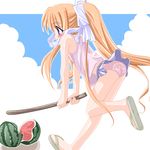  air artist_request ass blonde_hair clothes_writing food fruit holding kamio_misuzu long_hair miniskirt panties pantyshot pantyshot_(standing) ponytail print_panties purple_panties skirt solo standing suikawari tank_top underwear very_long_hair watermelon wind wind_lift 