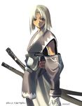  2002 androgynous brown_eyes copyright_request dated gloves japanese_clothes long_sleeves nagi_ryou short_hair solo sword weapon white_hair 