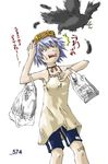  artist_request bag bandaid bandaid_on_knee bird bisuke-tan black_feathers blue_hair crow grocery_bag kfc looking_up object_on_head open_mouth red_ribbon ribbon shocked_eyes shopping_bag shorts solo standing surprised 