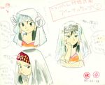  90s alternate_headwear annoyed concept_art dark_green_hair dress face feena_(grandia) flower grandia grandia_i green_eyes green_hair hair_ornament hand_on_own_face hontani_toshiaki official_art sketch smile traditional_media translation_request veil watercolor_(medium) wedding wedding_dress 