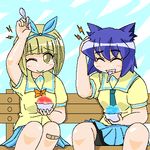  animal_ears artist_request bandaid bandaid_on_knee blonde_hair blue_hair brain_freeze cat_ears kurusu_yuzuko lowres momotsuki_gakuen_school_uniform multiple_girls oekaki one_eye_closed pani_poni_dash! ribbon sailor_collar school_uniform serizawa_akane shaved_ice short_hair yellow_sailor_collar 