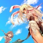  acolyte animal_ears blonde_hair bunny_ears cloud day fake_animal_ears from_below gloves hands long_hair long_sleeves looking_back mage_(ragnarok_online) morii_shizuki multiple_girls open_mouth outstretched_arm outstretched_hand pelvic_curtain ragnarok_online reaching sky v_arms 