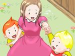  2boys :d blonde_hair blush brown_hair claus dress flower grass hinawa holding_hands looking_back lowres lucas mother_(game) mother_3 multiple_boys oekaki open_mouth outdoors pink_dress plant quiff short_sleeves sidelocks smile upper_body 