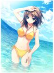  aqua_eyes bangs bare_arms bare_shoulders beach bikini breasts brown_hair cloud cloudy_sky coffee-kizoku collarbone day horizon looking_at_viewer medium_breasts navel non-web_source ocean original outdoors side-tie_bikini sky solo swimsuit water 