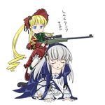  all_fours artist_request blonde_hair comic dress ground_vehicle gun long_sleeves military military_vehicle motor_vehicle multiple_girls orz pun riding rifle rozen_maiden shinku sitting sitting_on_person sniper_rifle suigintou tank translated weapon 