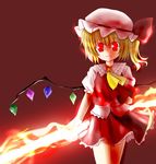  :d bangs blonde_hair bow crystal fire flandre_scarlet flat_chest frills glowing grin hair_between_eyes hat holding kazami_ruku looking_at_viewer lowres miniskirt necktie one_side_up open_mouth red_eyes shirt short_hair simple_background skirt smile solo standing sword touhou vest weapon wind wind_lift wings 