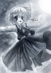  bad_id fang fukai_ryousuke greyscale hair_ribbon long_sleeves monochrome necktie outstretched_arms ribbon rumia short_hair solo spread_arms touhou 