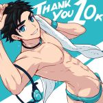  1boy abs barely_visible_penis black_hair blue_background blue_eyes bulge butt_crack goggles_around_arm jewelry looking_at_viewer looking_back male_focus male_swimwear necklace nipples original shirtless smile solo standing swim_briefs swimwear toned toned_male towel wet wristband zamius 