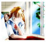  :o artist_request blurry bored brown_hair chin_rest classroom closed_eyes depth_of_field desk hair_ornament hairpods indoors light_rays long_hair neon_genesis_evangelion open_mouth ribbon school_uniform sleeping solo_focus souryuu_asuka_langley sunbeam sunlight tree window 