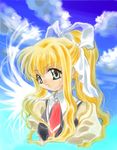  air blonde_hair cloud day green_eyes hair_ribbon kamio_misuzu long_hair nishida_asako ponytail portrait ribbon school_uniform sky solo wings 