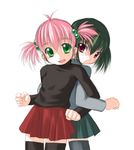  :d antenna_hair back-to-back black_legwear blush bosshi child flat_chest green_eyes green_hair hair_bobbles hair_ornament locked_arms long_sleeves looking_back miniskirt moe_(bosshi) multiple_girls open_mouth original pink_hair pleated_skirt red_eyes short_hair short_twintails simple_background skirt smile standing thighhighs turtleneck twintails yu_(bosshi) zettai_ryouiki 